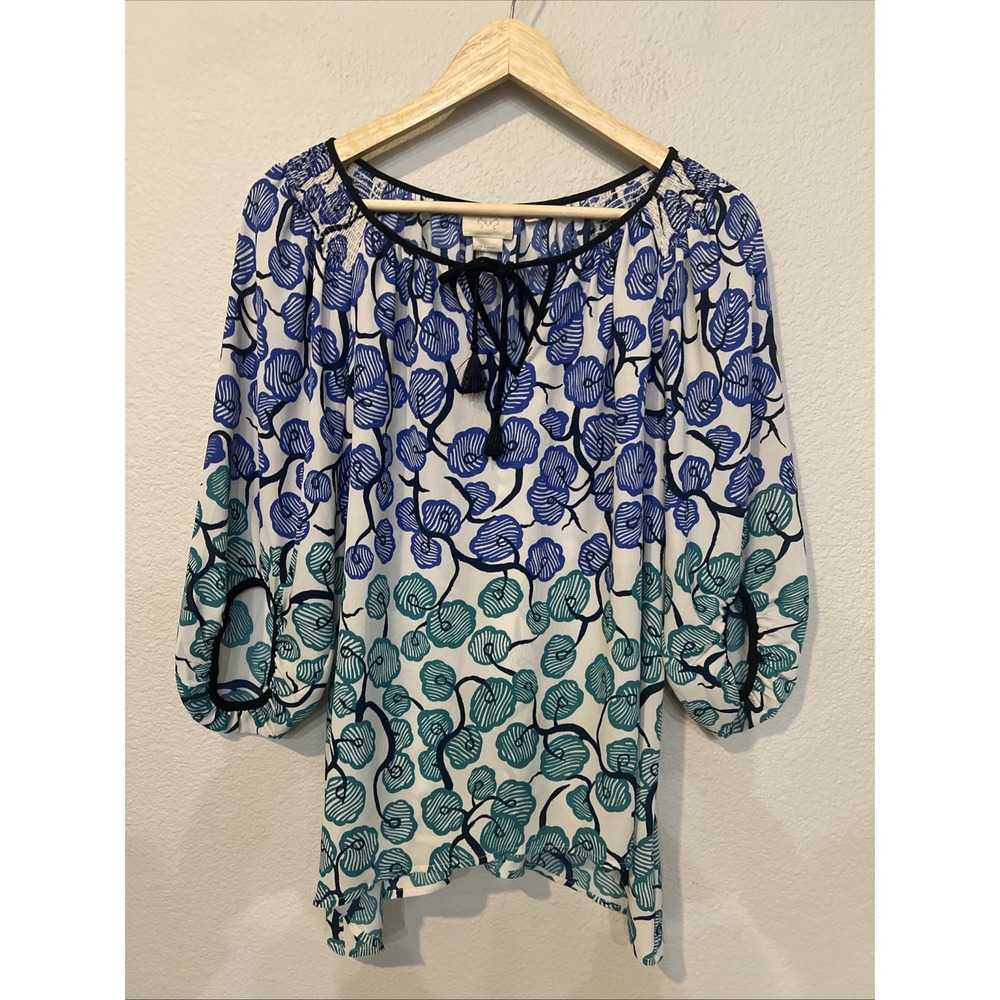 Vanessa Virginia Anthropologie BLUE/WHITE Boho Peasant Leaf Blouse SIZE 10